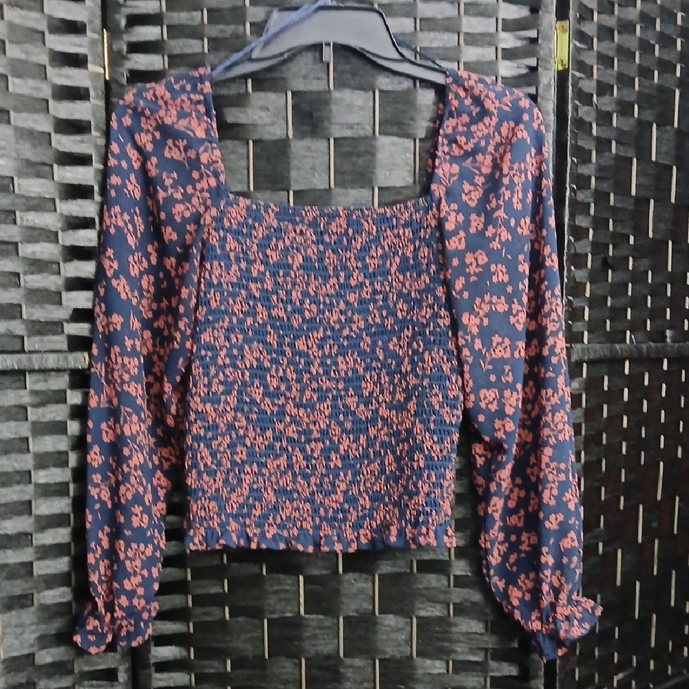 Lush Floral Navy Rust Smocked Top With Sheer Peasant Style Sleeves SZ S